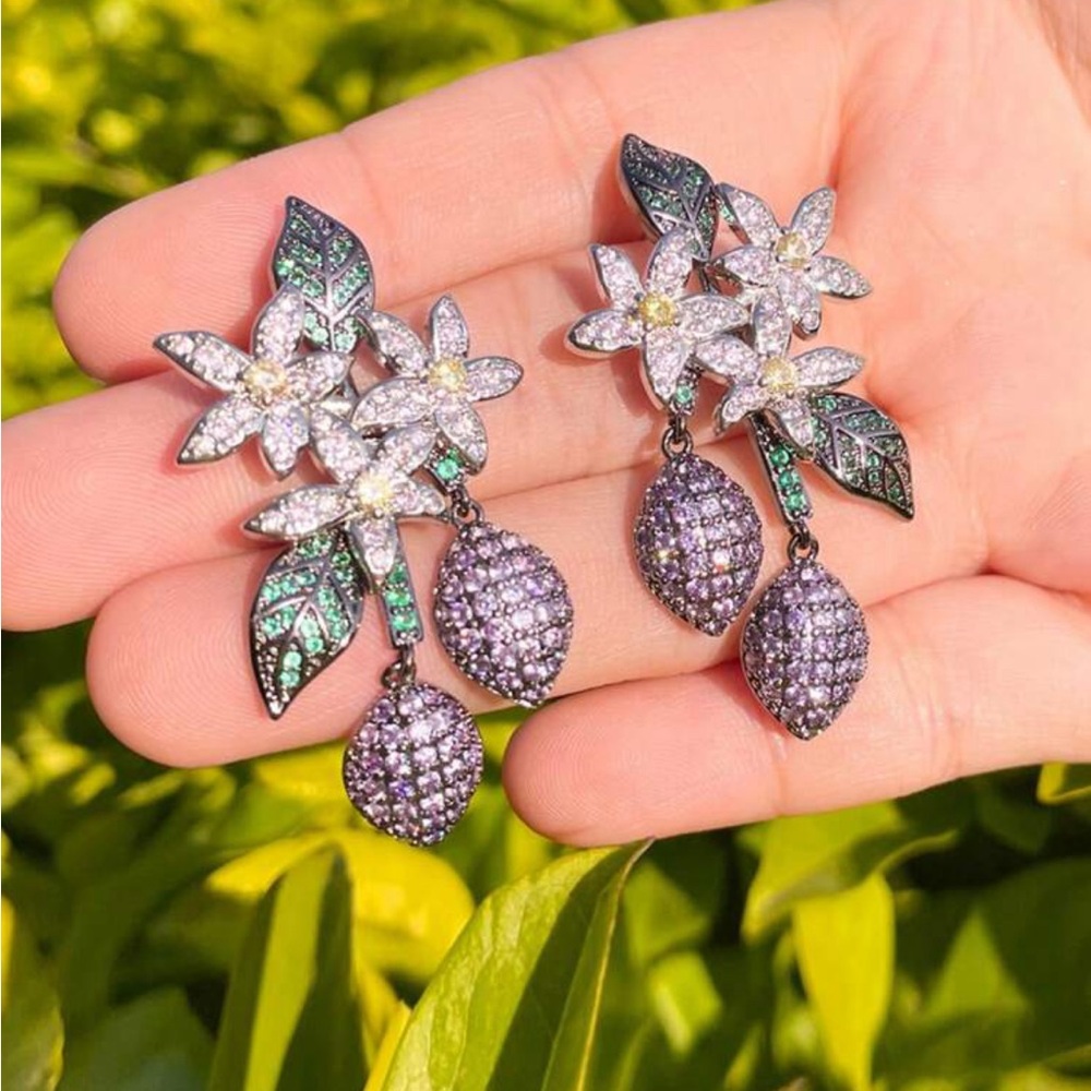 Flower/Leaf CZ Dangle Earrings